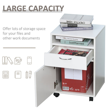 Homcom 60cm Storage Cabinet w/ Drawer Open Shelf Metal Handles 4 Wheels Office Home Organiser Mobile Printer White