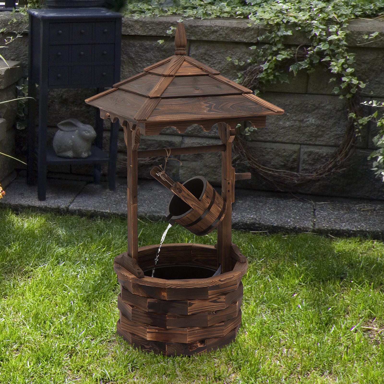 Outsunny Wooden Garden Wishing Well Fountain Barrel Waterfall Rustic Wood With Pump Garden Dcor Ornament