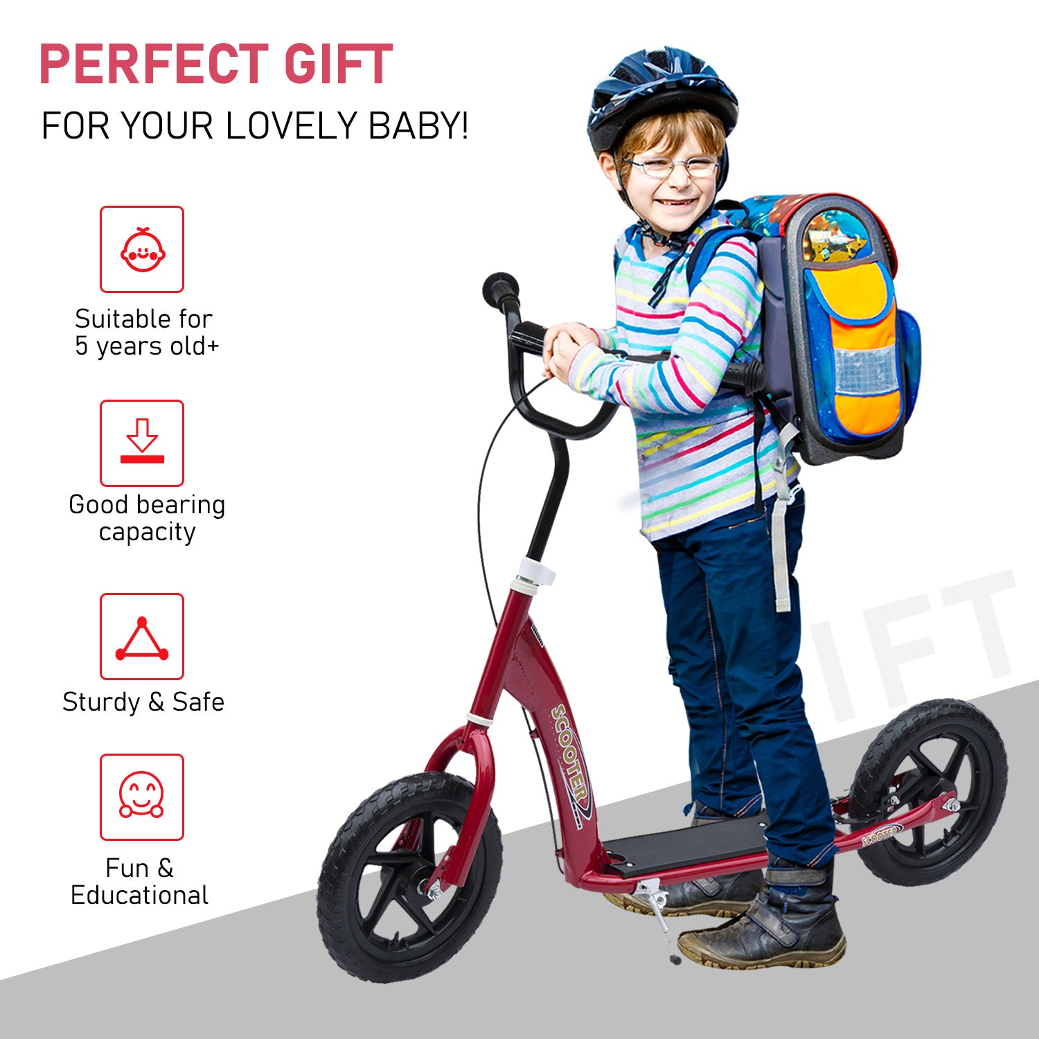 Homcom Teen Push Scooter Kids Children Stunt Scooter w/ 12" EVA Tyres