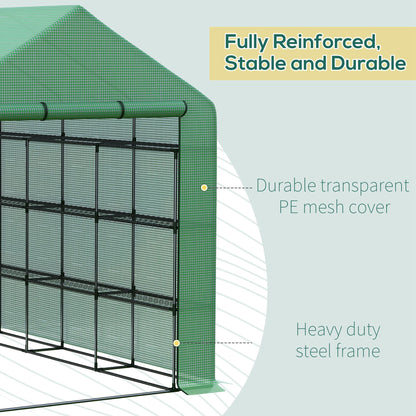 Outsunny Poly Tunnel Steeple Walk in Garden Greenhouse with Removable Cover Shelves - Green 244 x 180 x 210cm