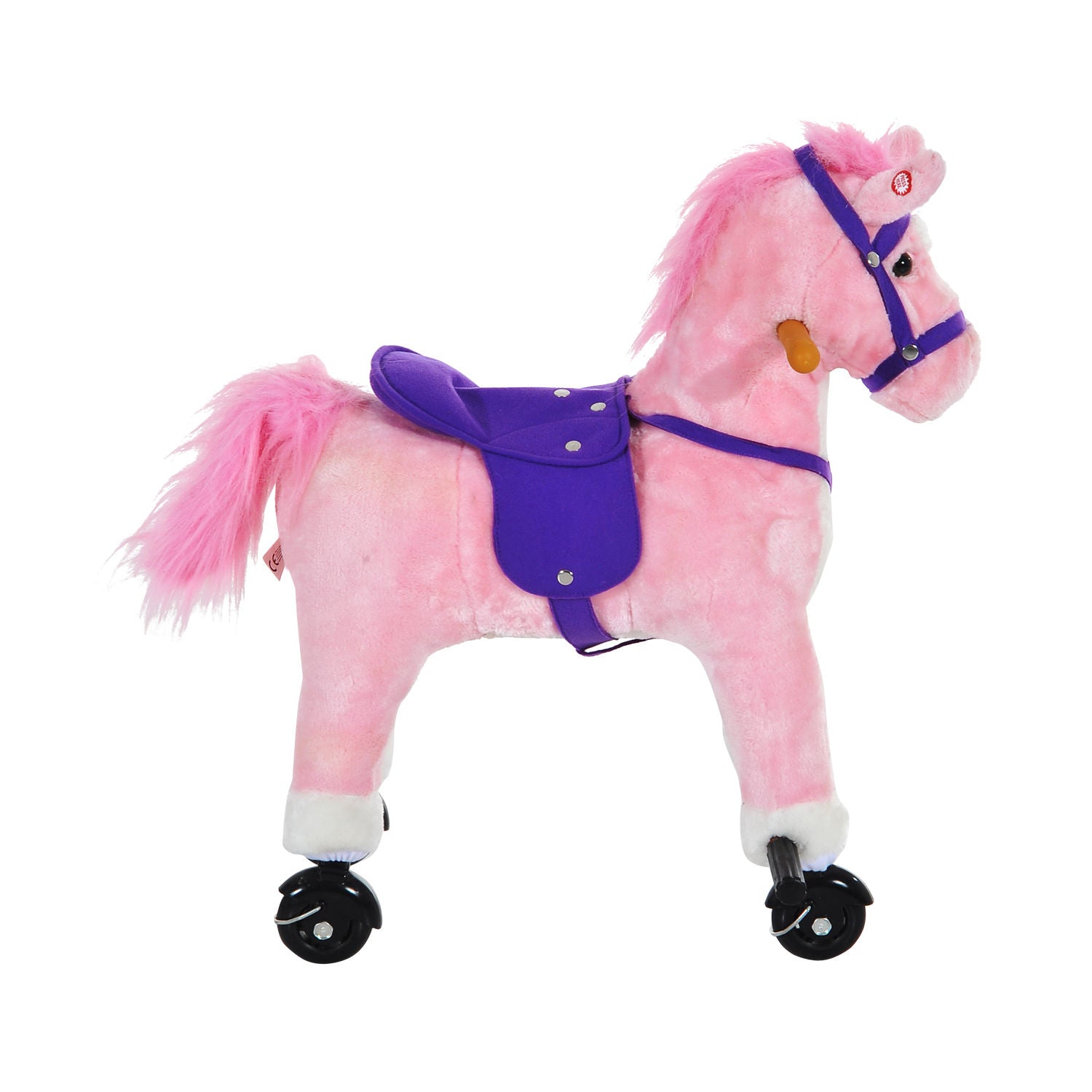 Homcom Wooden Action Pony Wheeled Walking Horse Riding Little Baby Plush Toy Wooden Style Ride on Animal Kids Gift w/Sound (Pink)