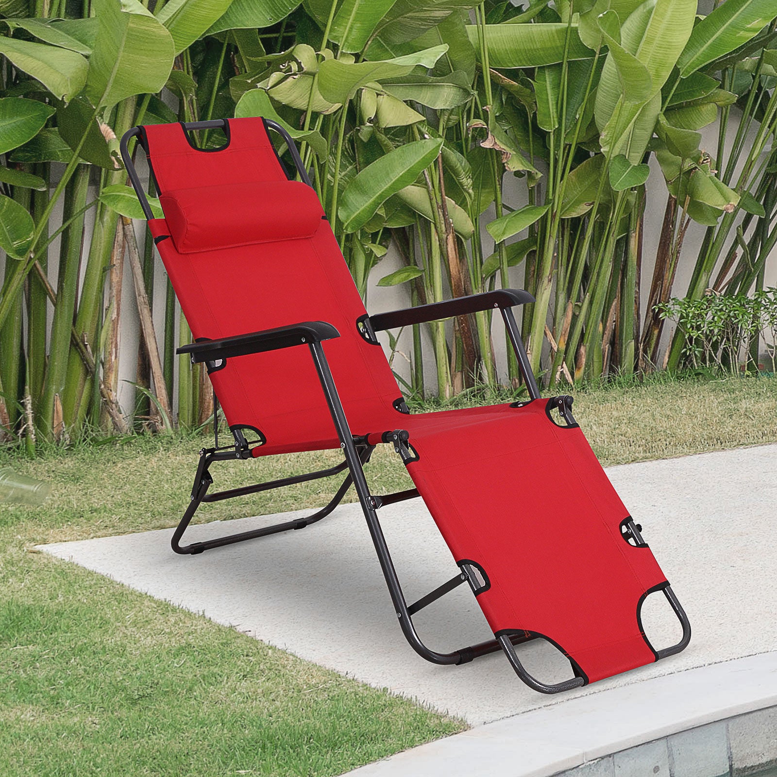 Outsunny 2 in 1 Sun Lounger Folding Reclining Chair Garden Outdoor Camping Adjustable Back with Pillow (Red)