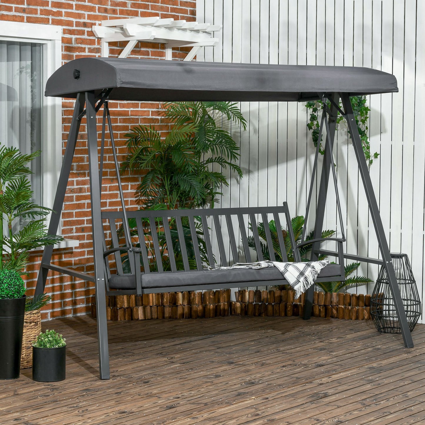 Outsunny Three-Seater Metal Garden Swing Chair - Dark Grey