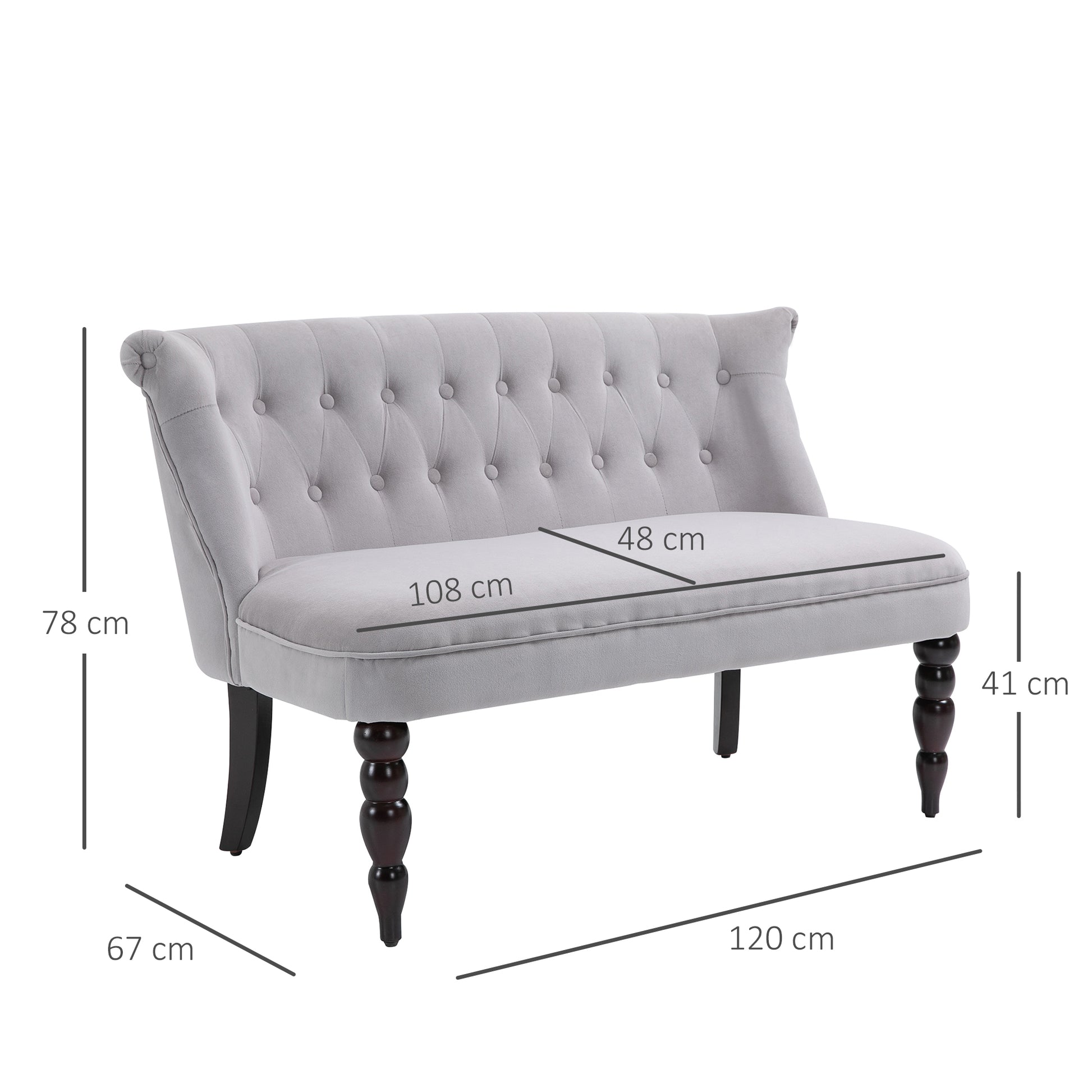 Homcom 2 Seat Sofa Lounger Couch with Wood Frame Button Tufts Carved Legs Vintage Design Compact Home Bedroom Loveseat Grey