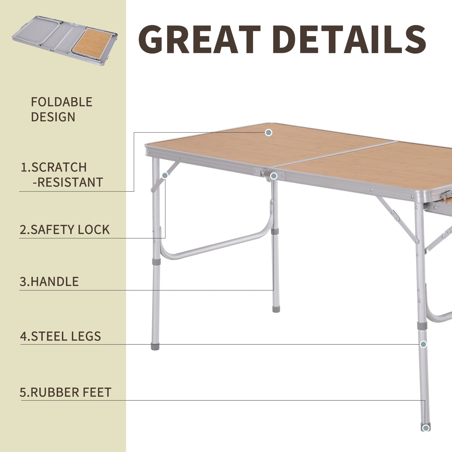 Outsunny Aluminium Medium-density fibreboard-Top 4ft Folding Portable Outdoor Table Silver