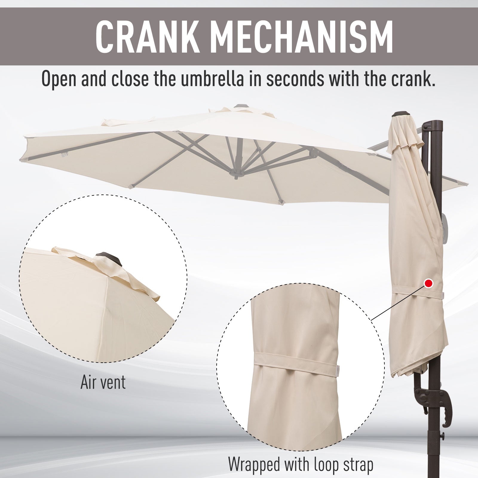 Outsunny 3 m Beach Hanging Umbrella Parasol W/Hand Crank-Beige