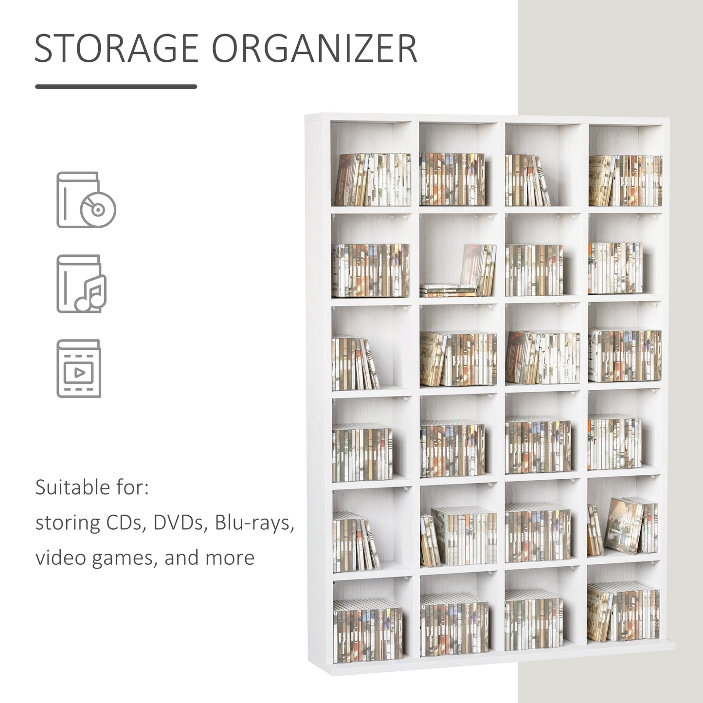 Homcom 480 CD / 312 DVD Storage Shelf Rack Media Storage Unit Shelves Racks Wooden Bookcase Display Unit with 4 Adjustable Shelves White