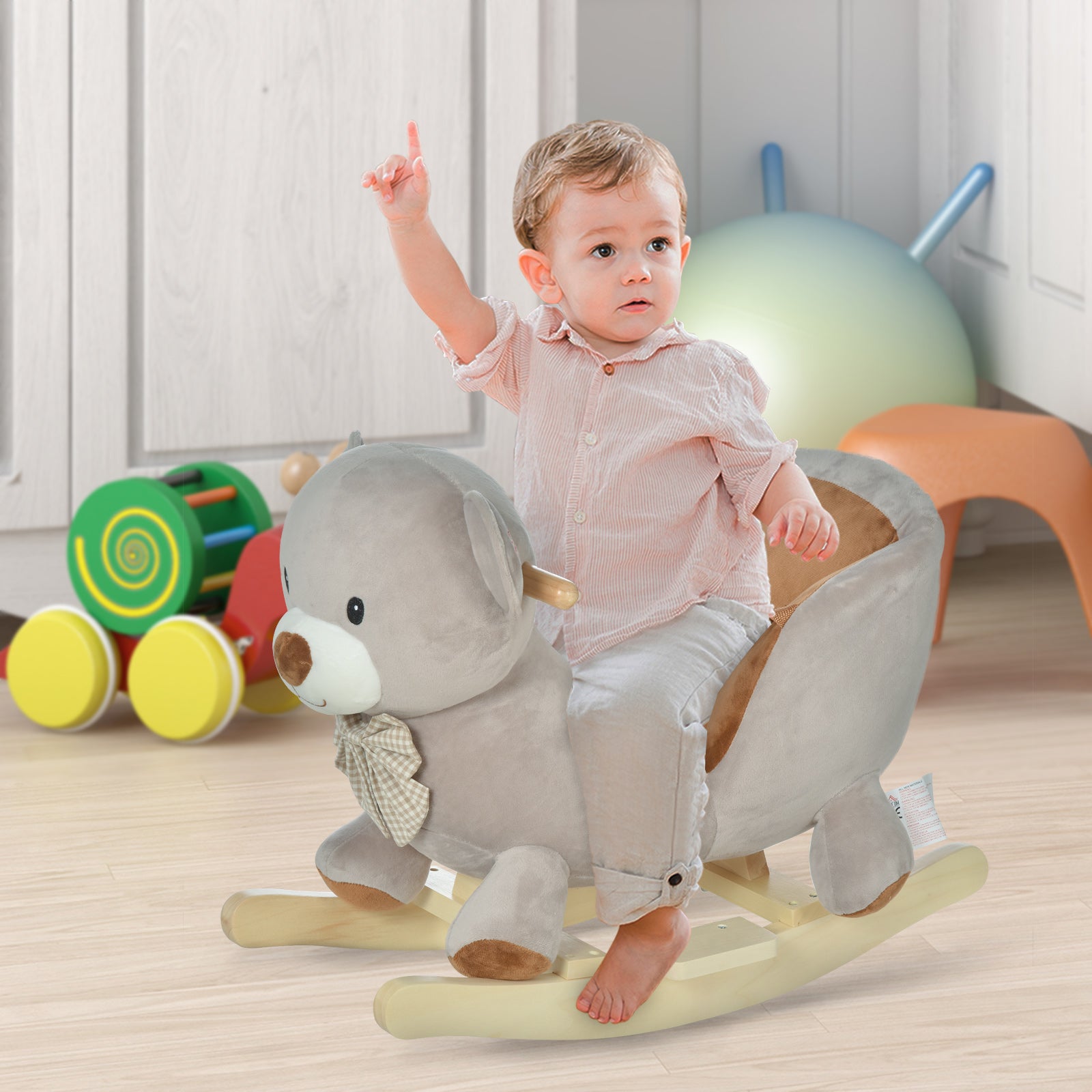 Homcom Toddlers Plush Bear Rocking Horse Grey