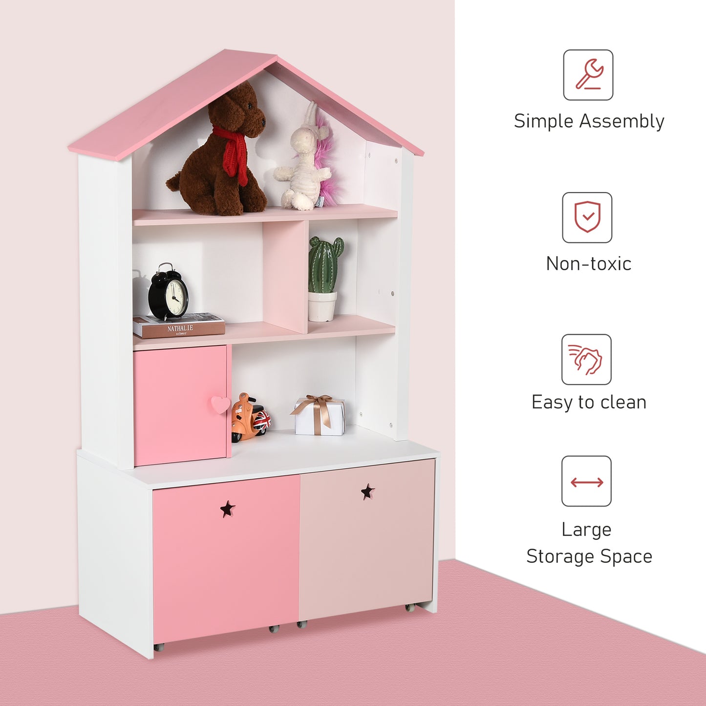 Homcom Kids Bookshelf Chest W Drawer With Wheels Baby Toy Wood Organizer Display Stand Storage Cabinet 80X34X130Cm Pink