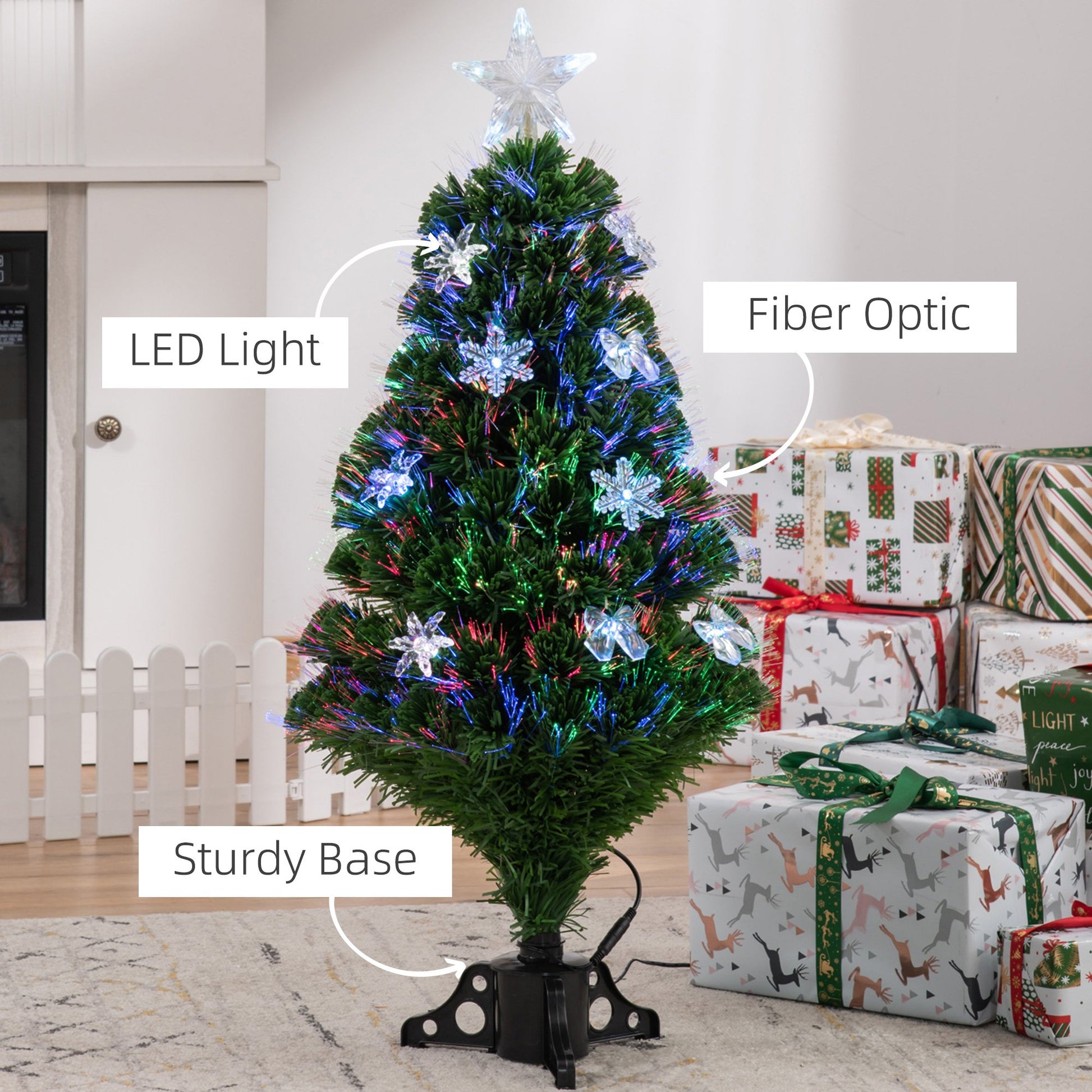 Homcom 3FT Prelit Artificial Christmas Tree Fiber Optic LED Light Holiday Home Xmas Decoration Tree with Foldable Feet