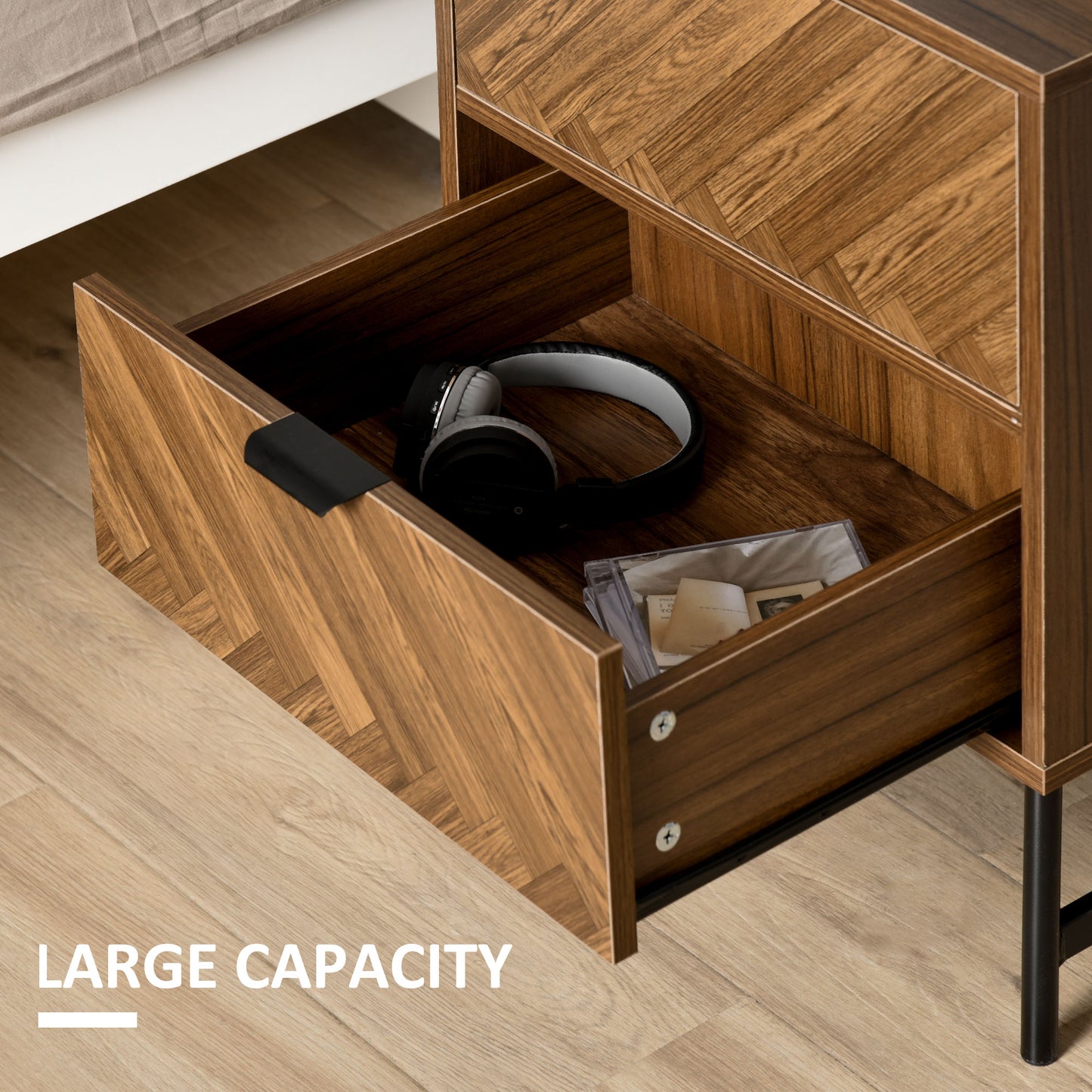 Homcom Side Cabinet Home Organizer With 2 Drawer Unit Herringbone Pattern Walnut Tone