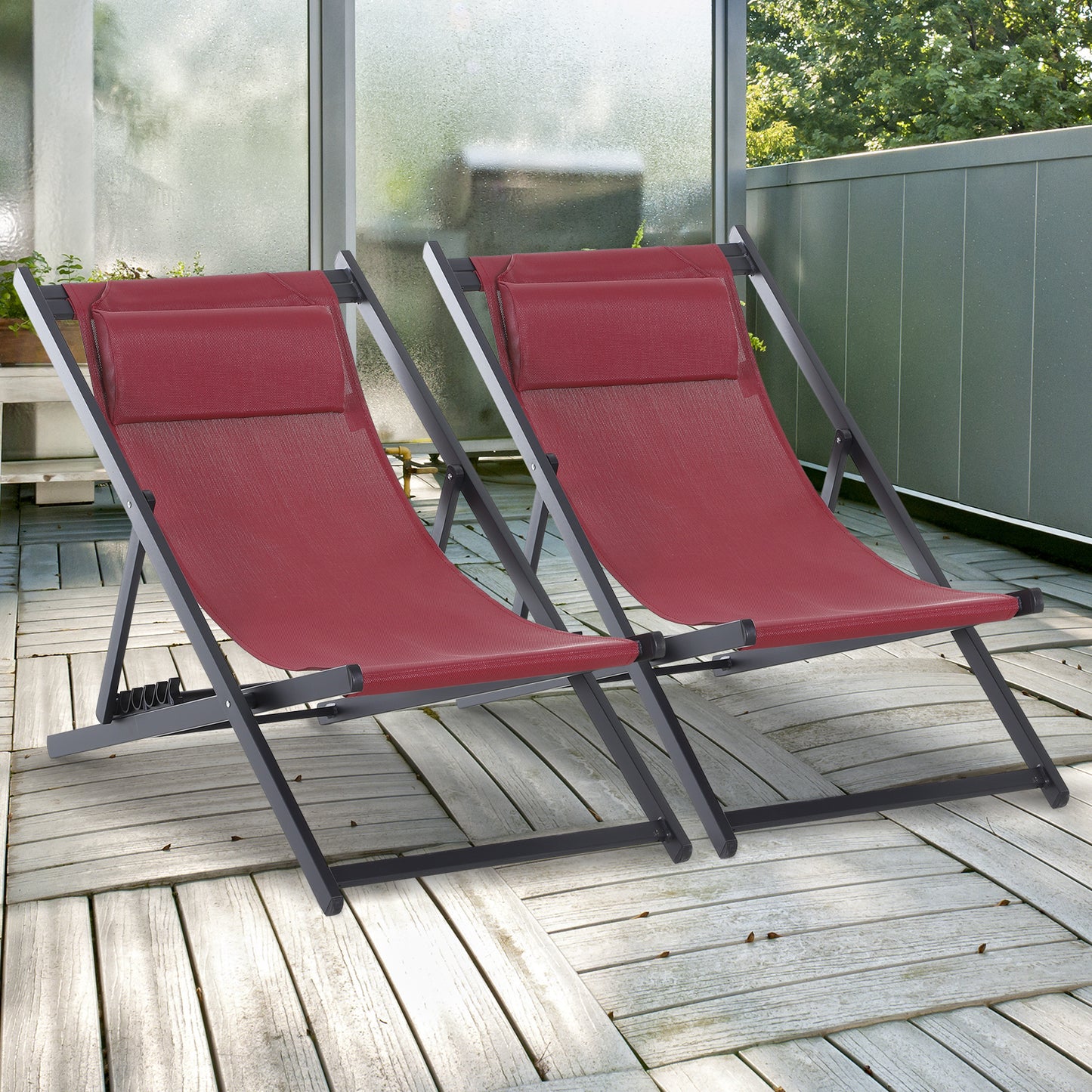 Outsunny Set of 2 Folding Garden Beach Aluminium Frame Deck Chairs Deckchairs Seaside Folding Garden Patio Lounger