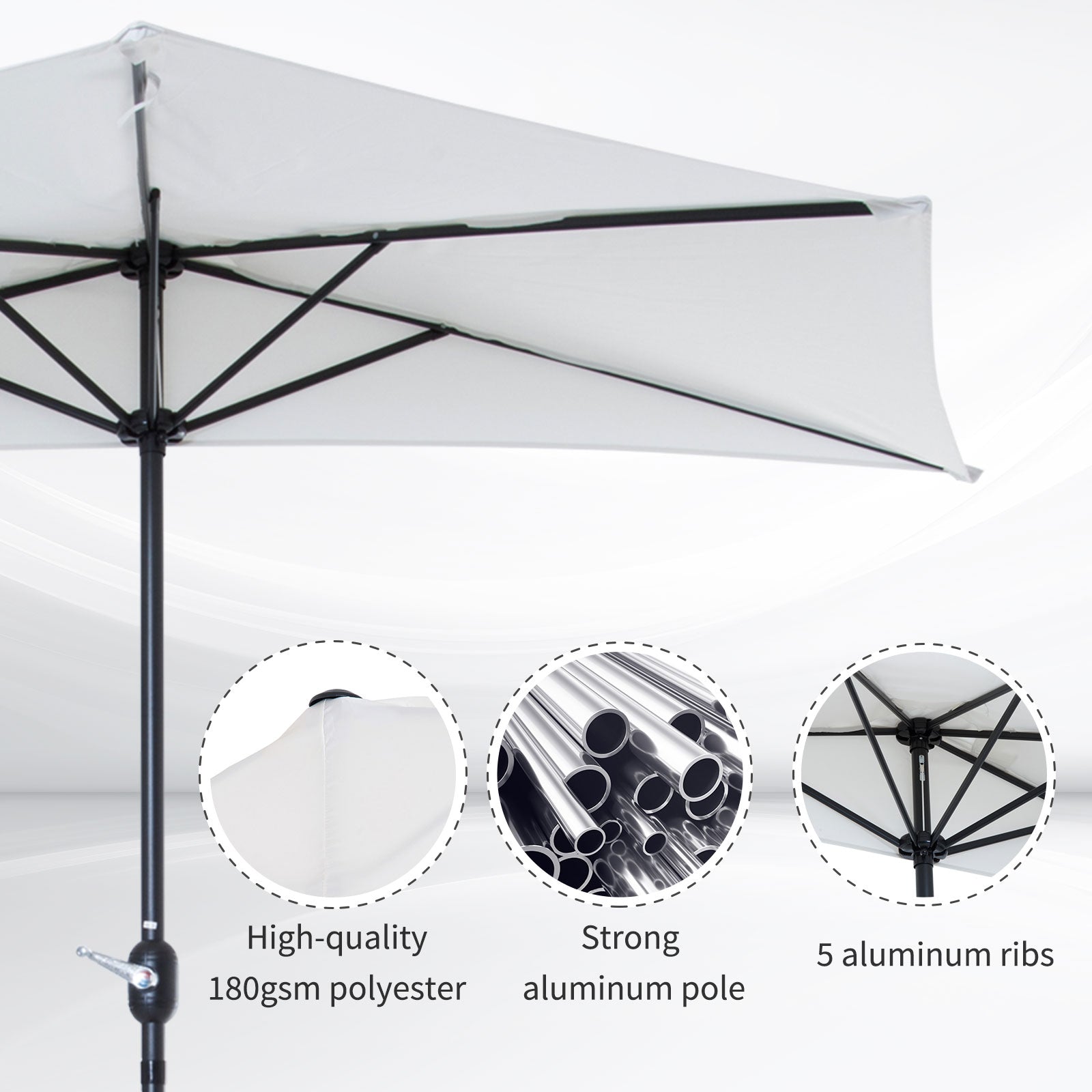 Outsunny 2.7m Balcony Half Parasol 5 Steel Ribs Construction Garden Outdoor Umbrella Cream White