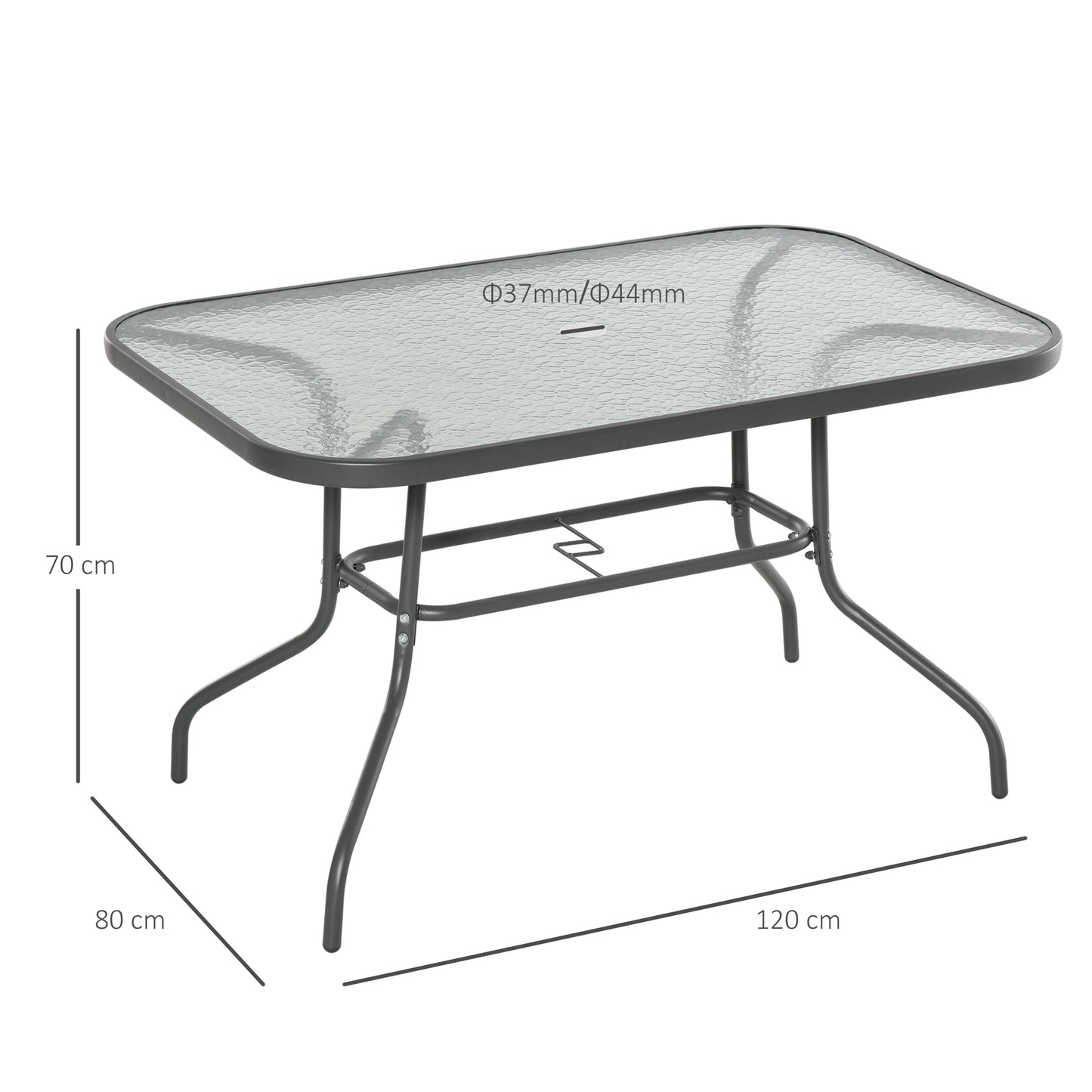 Outsunny Garden Dining Table Glass Top Metal Frame with Parasol Hole Outdoor Balcony Grey 120L x 80W cm