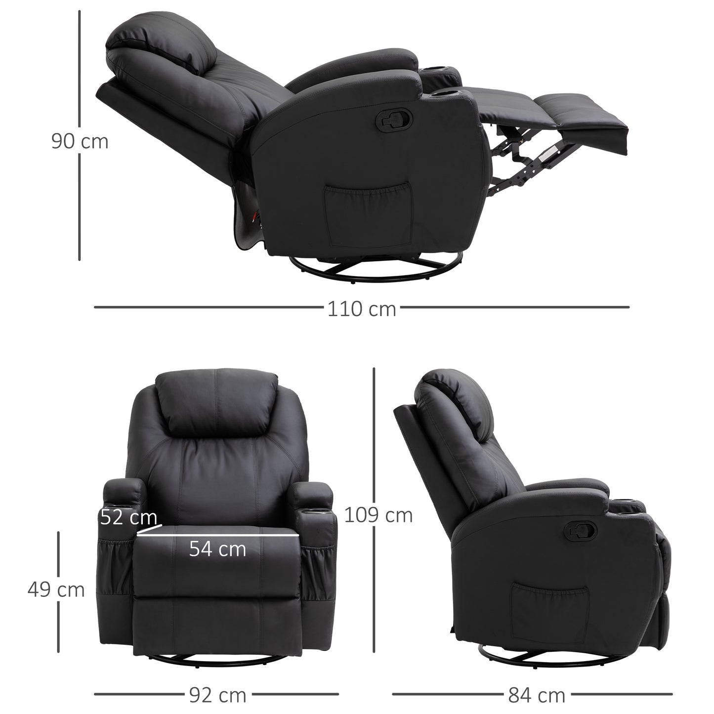 Homcom Recliner Armchair Massage Swivel PU Leather Reclining Chairs with Adjustable Leg Rest