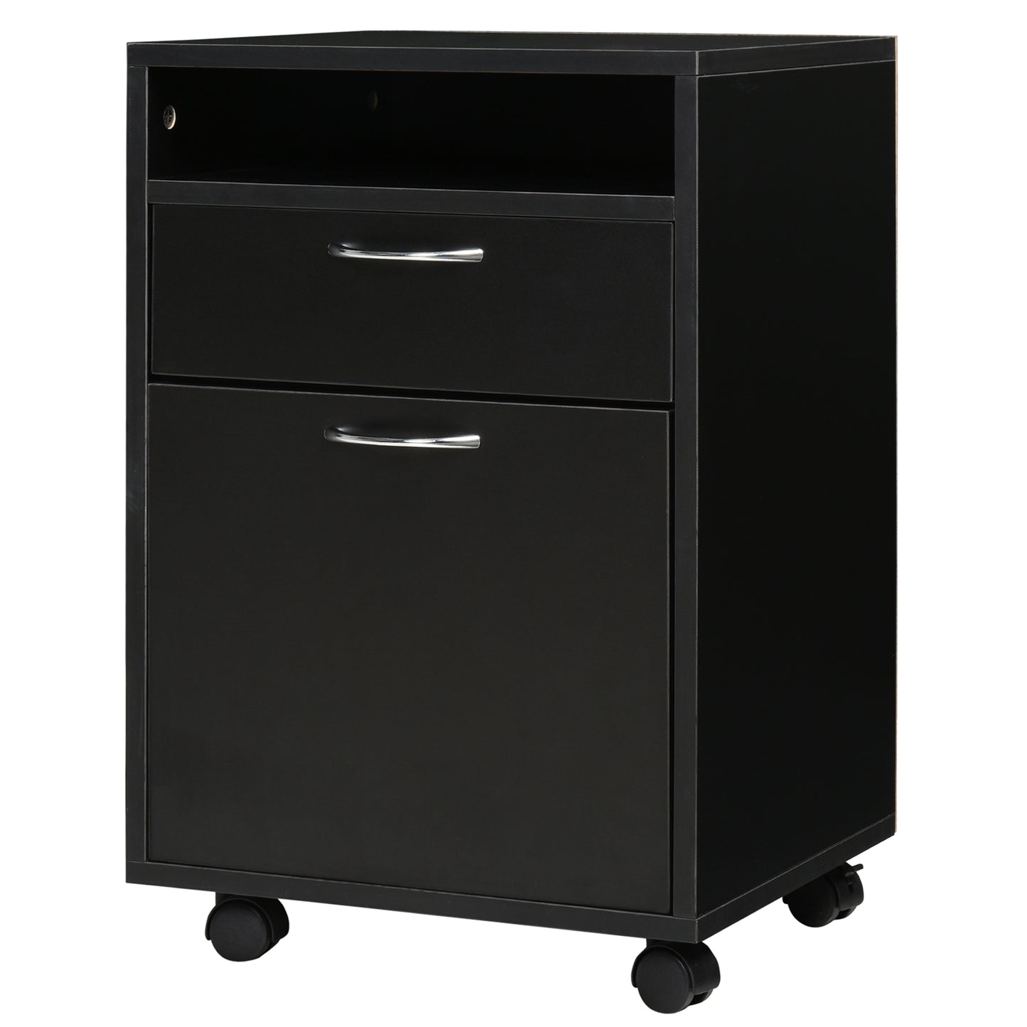 Homcom 60cm Storage Cabinet w/ Drawer Open Shelf Metal Handles 4 Wheels Office Home Organiser Mobile Printer Black