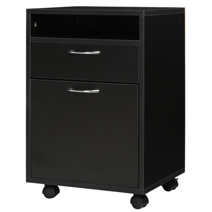 Homcom 60cm Storage Cabinet w/ Drawer Open Shelf Metal Handles 4 Wheels Office Home Organiser Mobile Printer Black