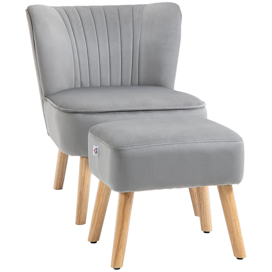 Homcom Velvet-Feel Tub Chair and Footstool - Grey