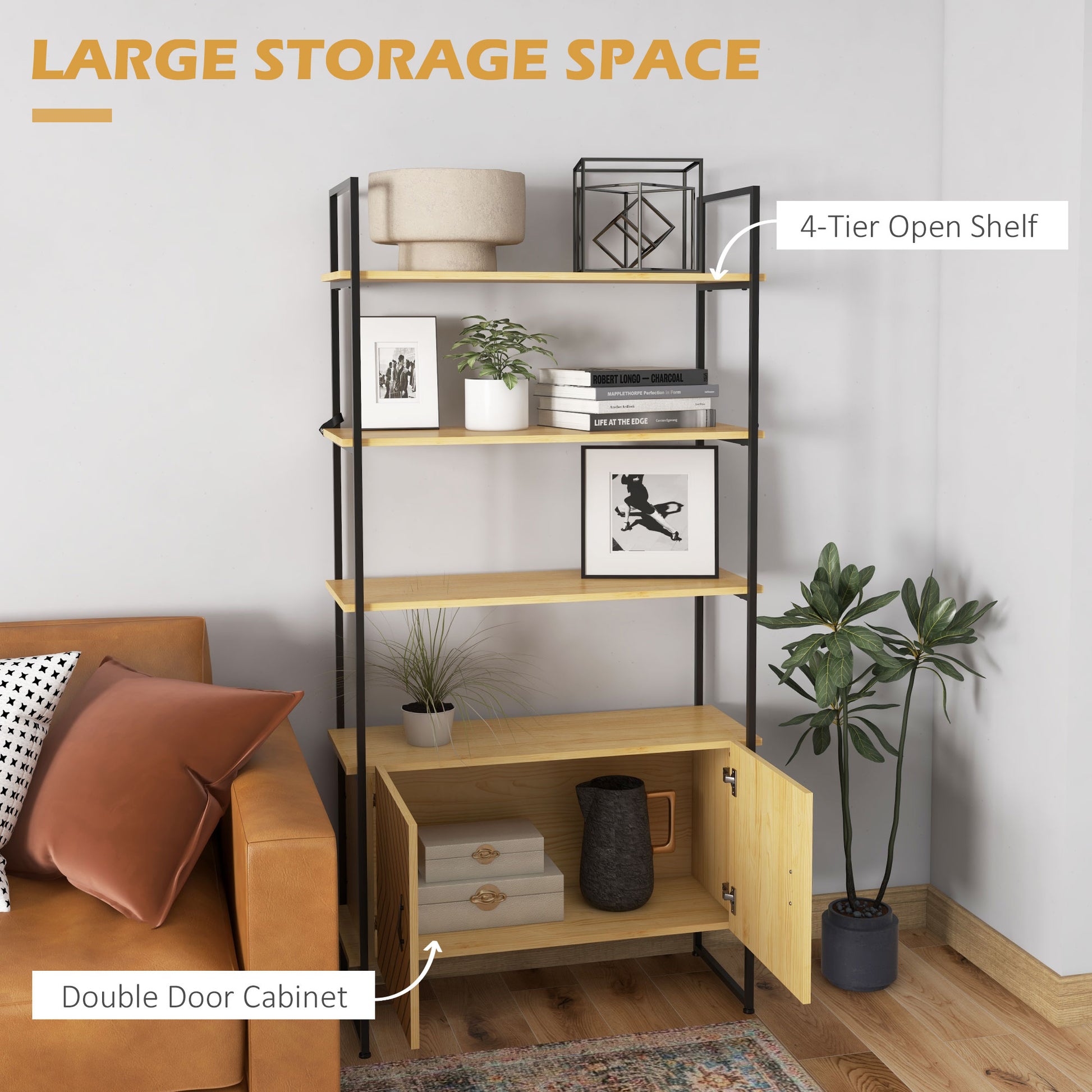 Homcom Bookcase 4-Tier Storage Shelf With Double Door Cabinet And Metal Frame For Living Room Bedroom Oak Tone