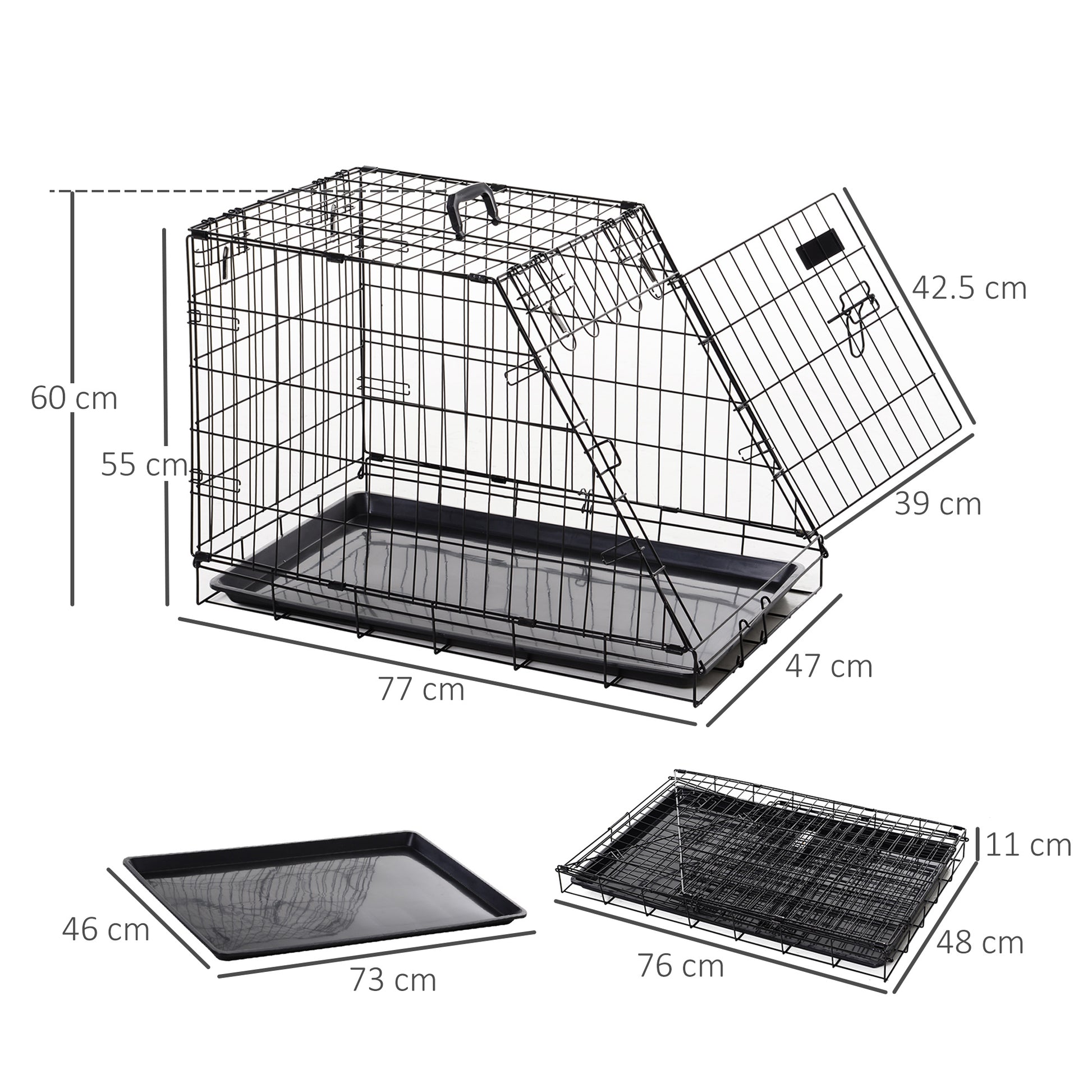 PawHut Metal Dog Car Crate Folding Pet Cage Transport Box Carrier for Small Dog with Removable Tray 77 x 47 x 55cm