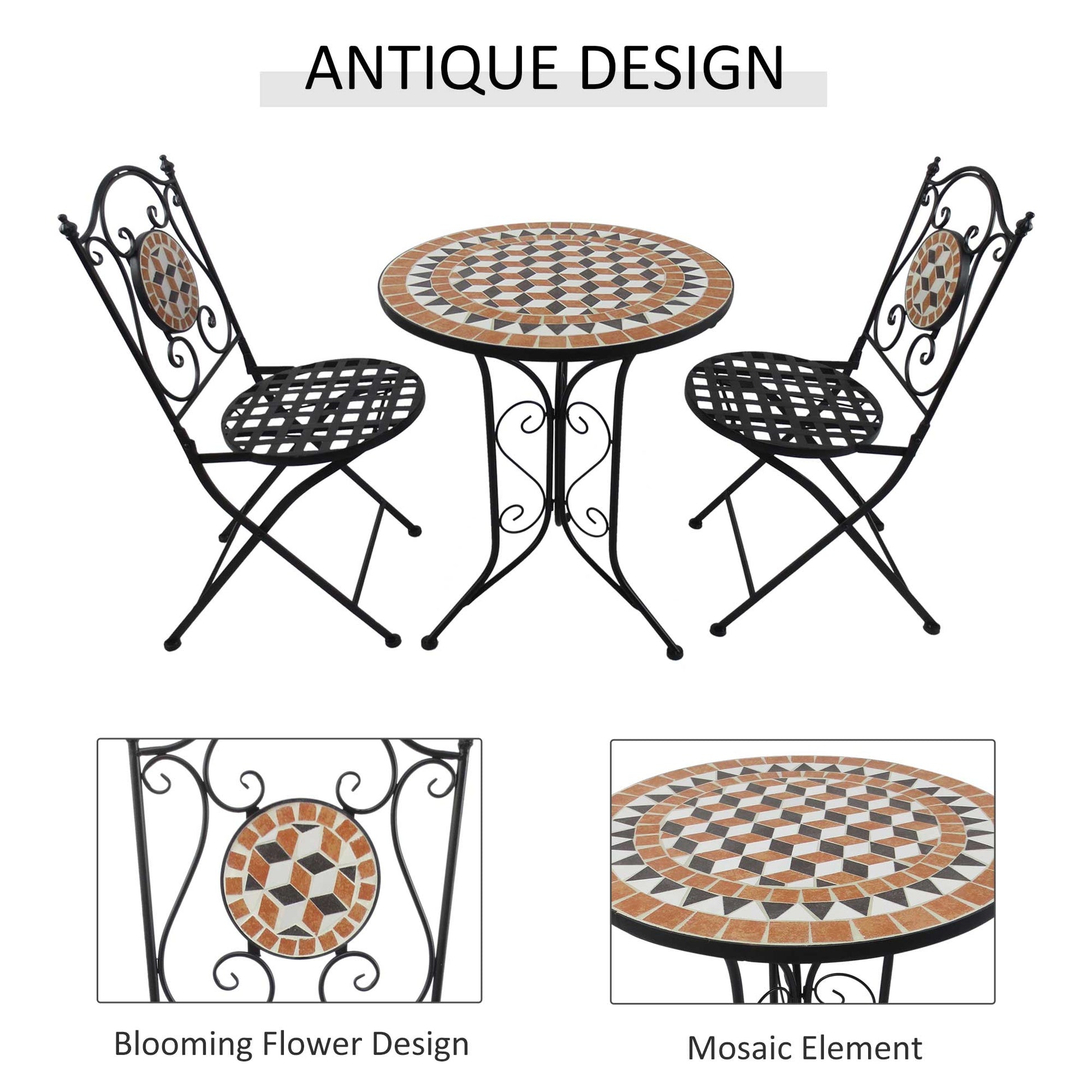 Outsunny 3 Pcs Garden Mosaic Bistro Set Outdoor Patio 2 Folding Chairs & 1 Round Table Outdoor Furniture Vintage