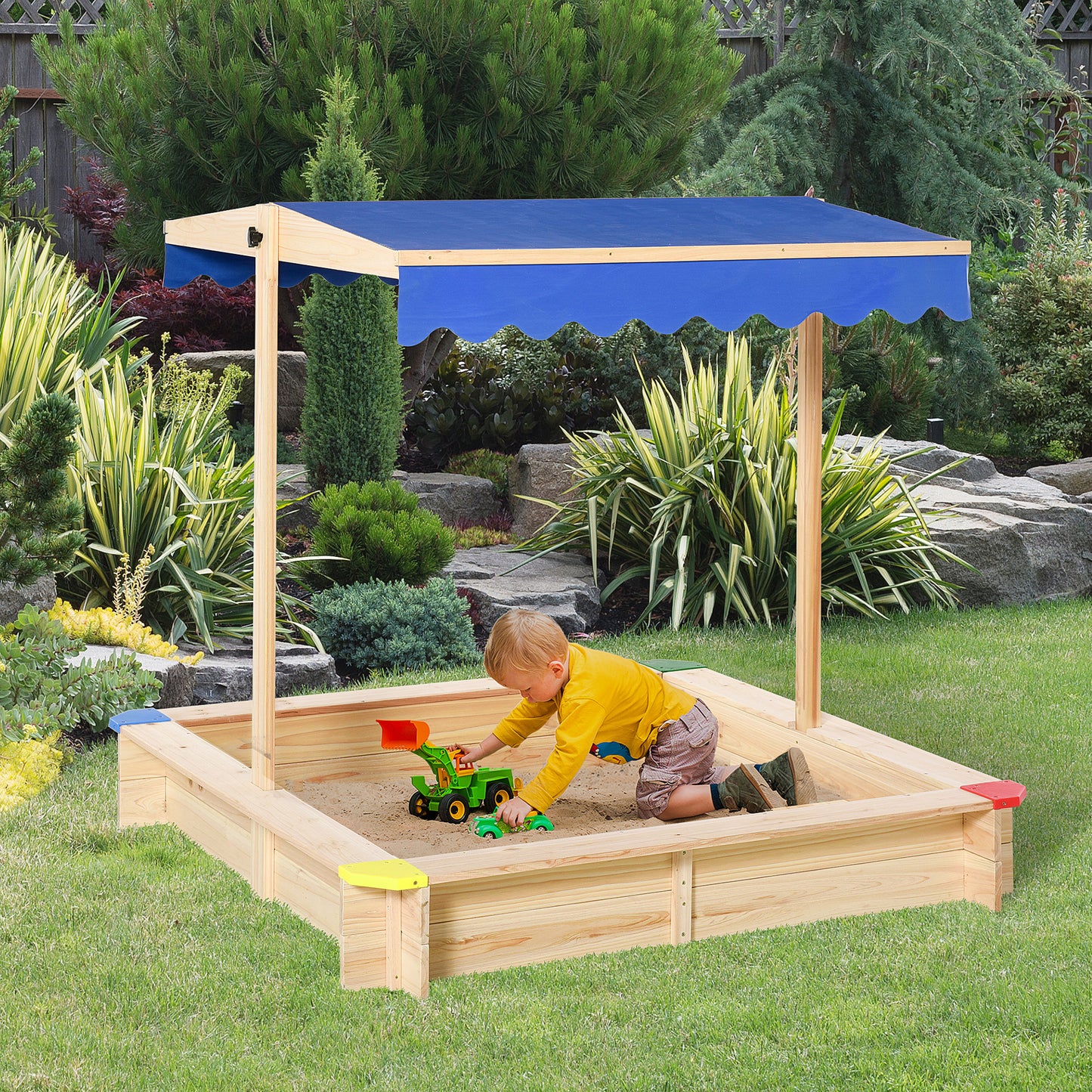 Outsunny Square Wooden Kids Sandpit Children Cabana Sandbox Outdoor Backyard Playset