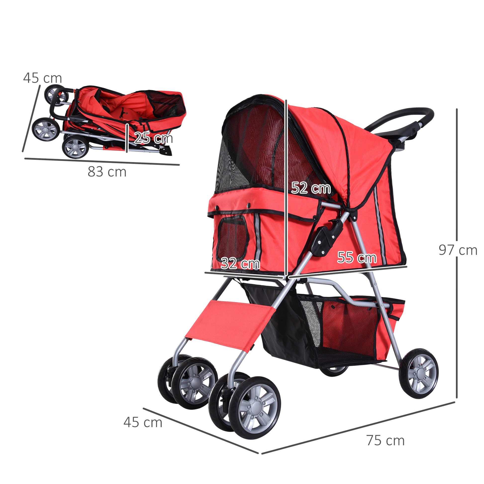 PawHut Dog Stroller Pushchair Pet 600D Oxford Cloth Pram Red - Suitable for Small Pets