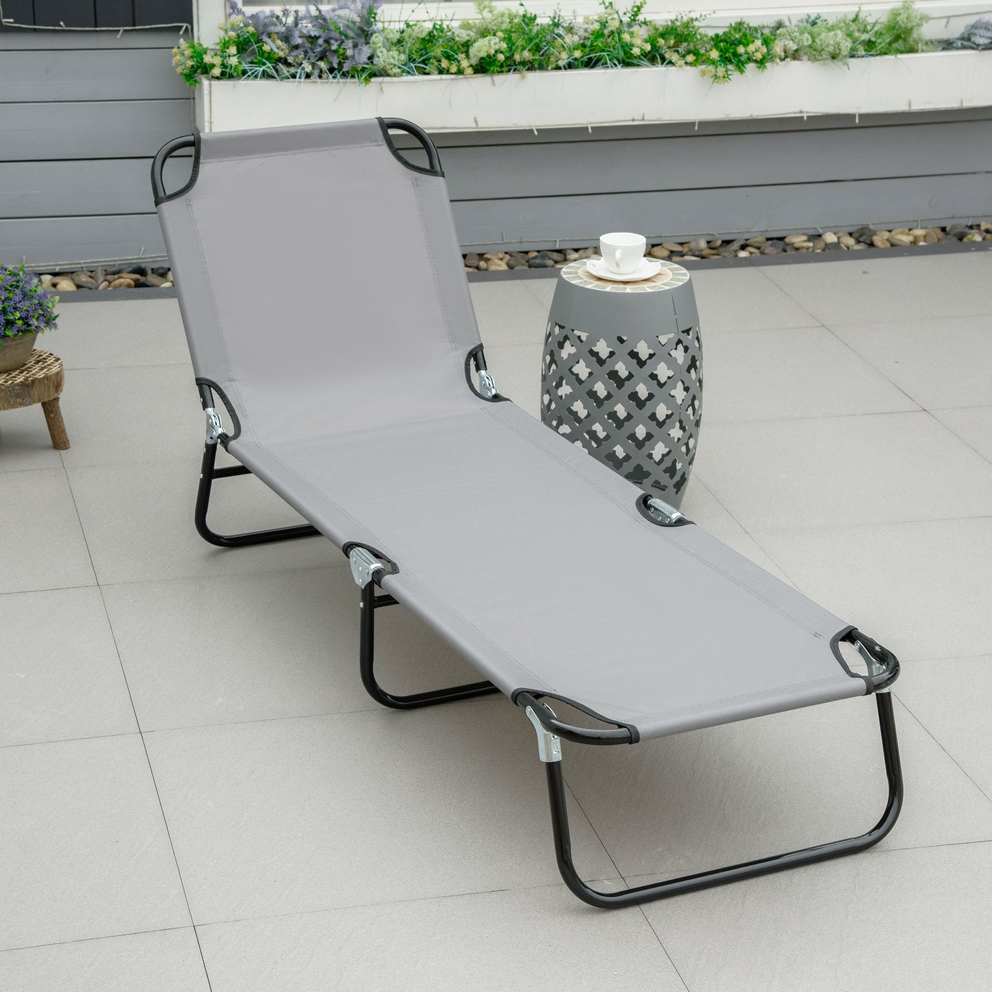 Outsunny Portable Folding Sun Lounger With 5-Position Adjustable Backrest Relaxer Recliner with Lightweight Frame Great for Pool or Sun Bathing Grey