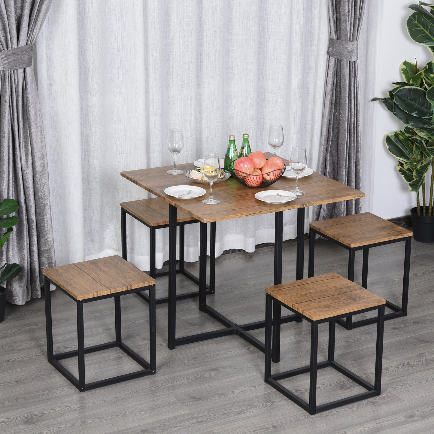 Homcom 5 PCS Industrial Table & Stool Set w/ Metal Frame Home Dining Stylish Square Compact Seating Chair Beautiful Cool Black Brown