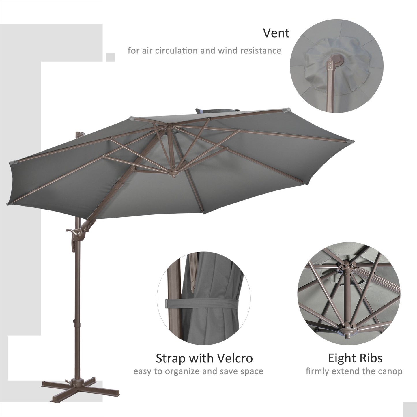 Outsunny 3(M) Cantilever Parasol 360 Rotation Roma Umbrella Hanging Sun Shade With Aluminum Frame