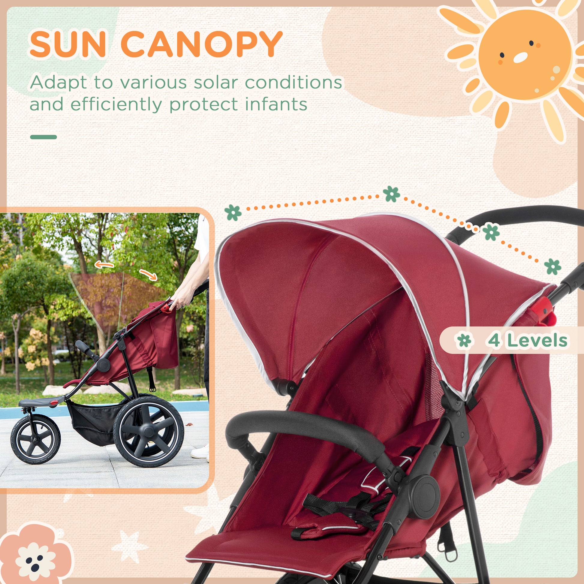 Homcom Foldable Three-Wheeler Baby Stroller w/ Canopy