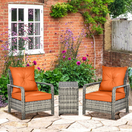 Outsunny 3 pcs PE Rattan Wicker Garden Furniture Patio Bistro Set Weave Conservatory Sofa Storage Table and Chairs Set Orange Cushion Grey Wicker