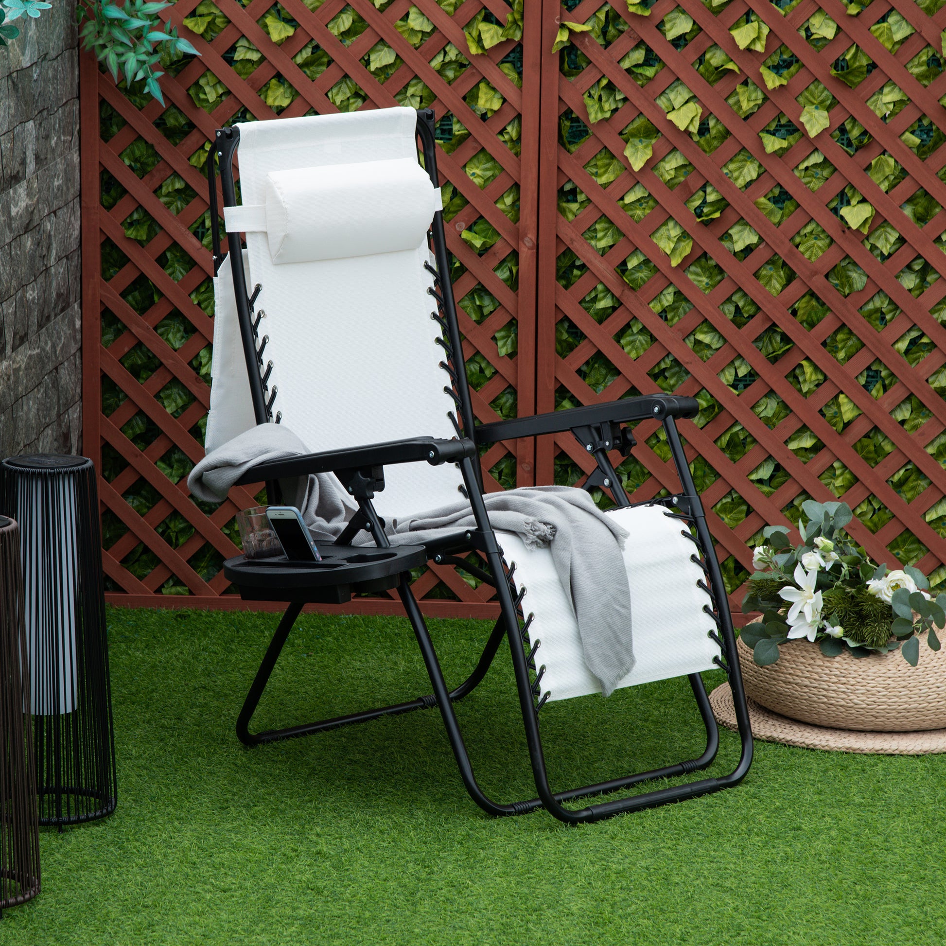 Outsunny Zero Gravity Garden Folding Patio Sun Lounger w/Cup Holder & Canopy Shade White