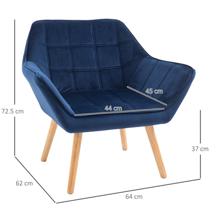 Homcom Armchair Accent Chair Wide Arms Slanted Back Padding Iron Frame Wooden Legs Home Bedroom Furniture Seating Blue