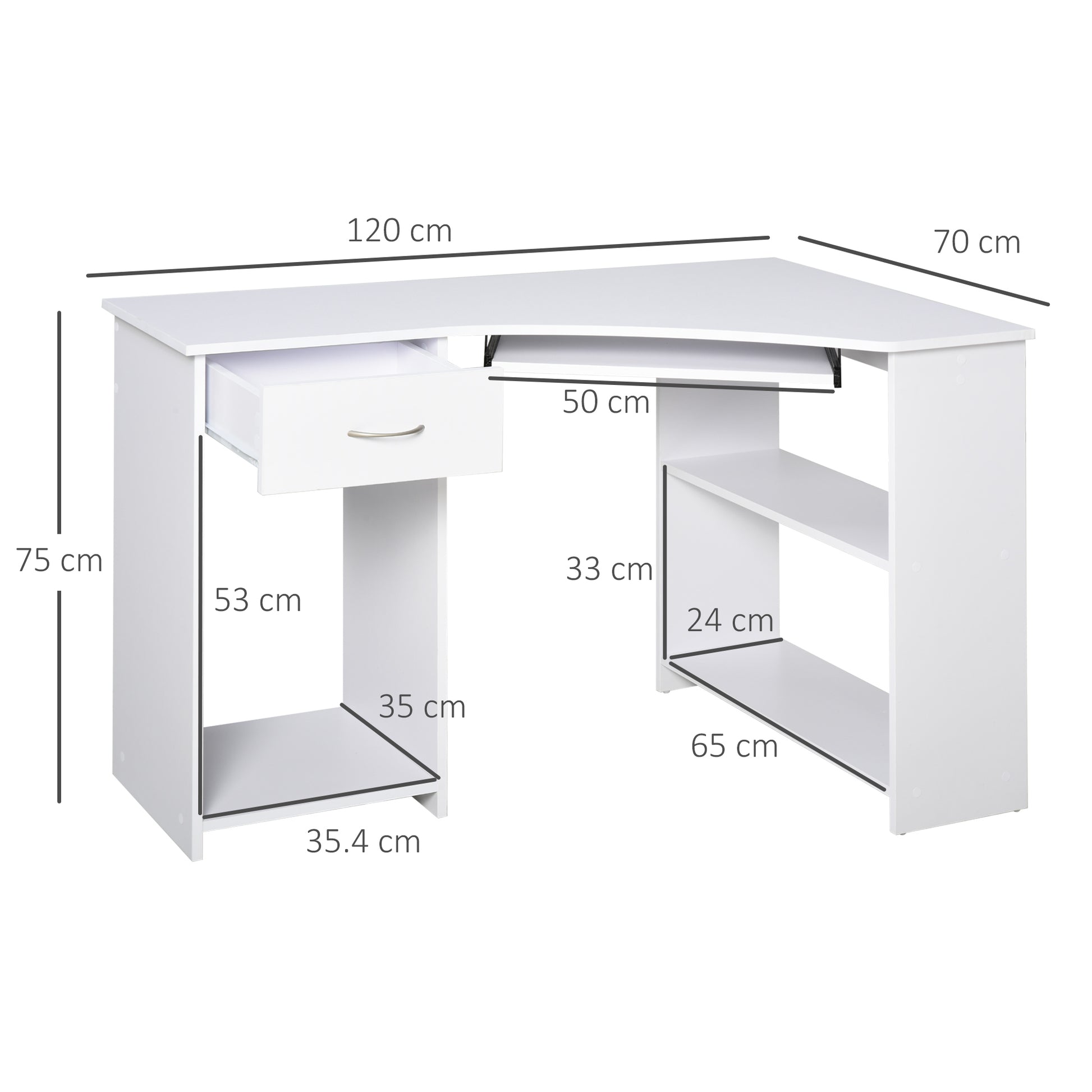 Homcom L-Shaped Corner Computer Desk w/ 2 Shelves Wide Worktop Keyboard Tray Drawer & CPU Stand Home Office Study Bedroom Furniture White