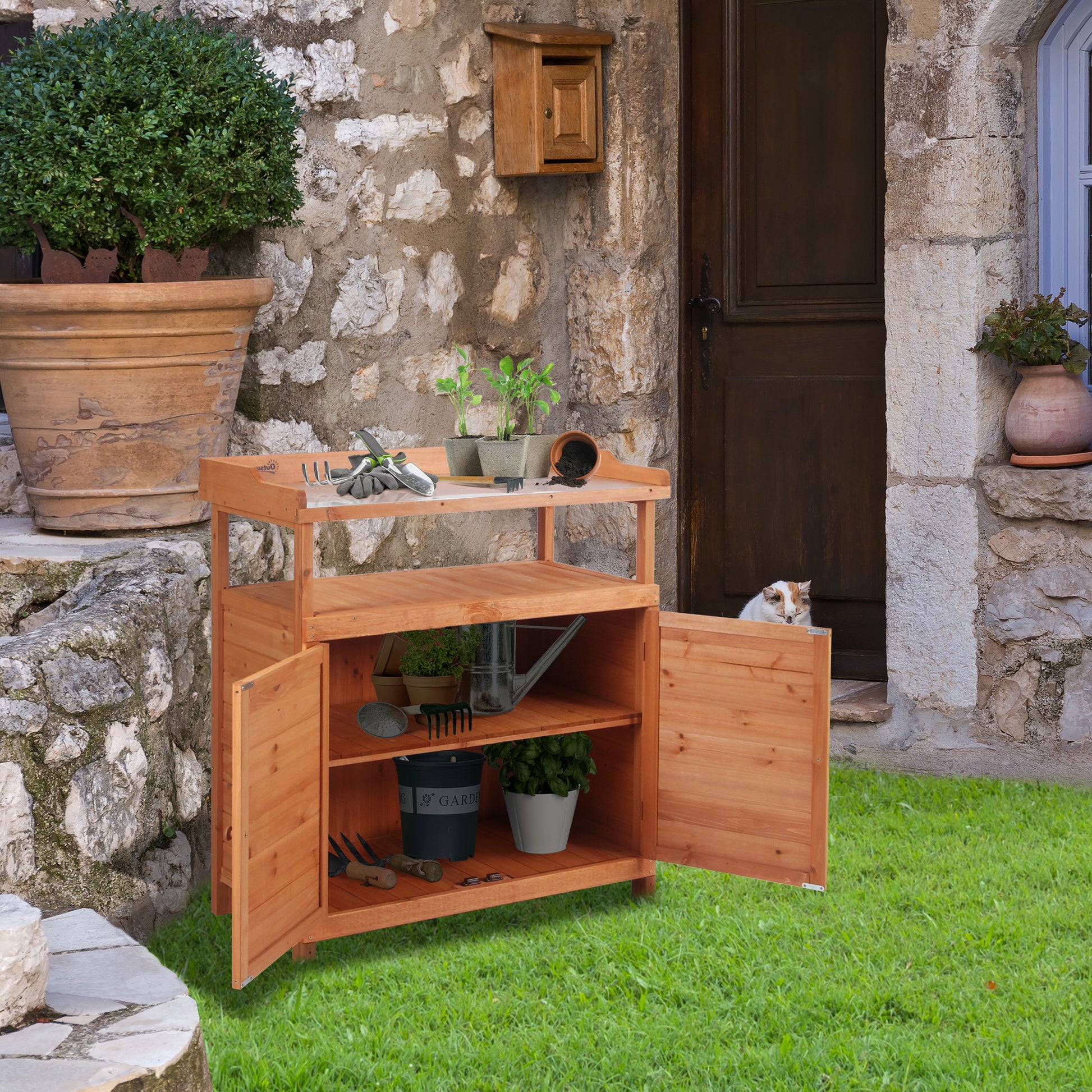 Outsunny Multi-function Potting Bench Table w/ Storage Cabinet and Galvanized Table Top