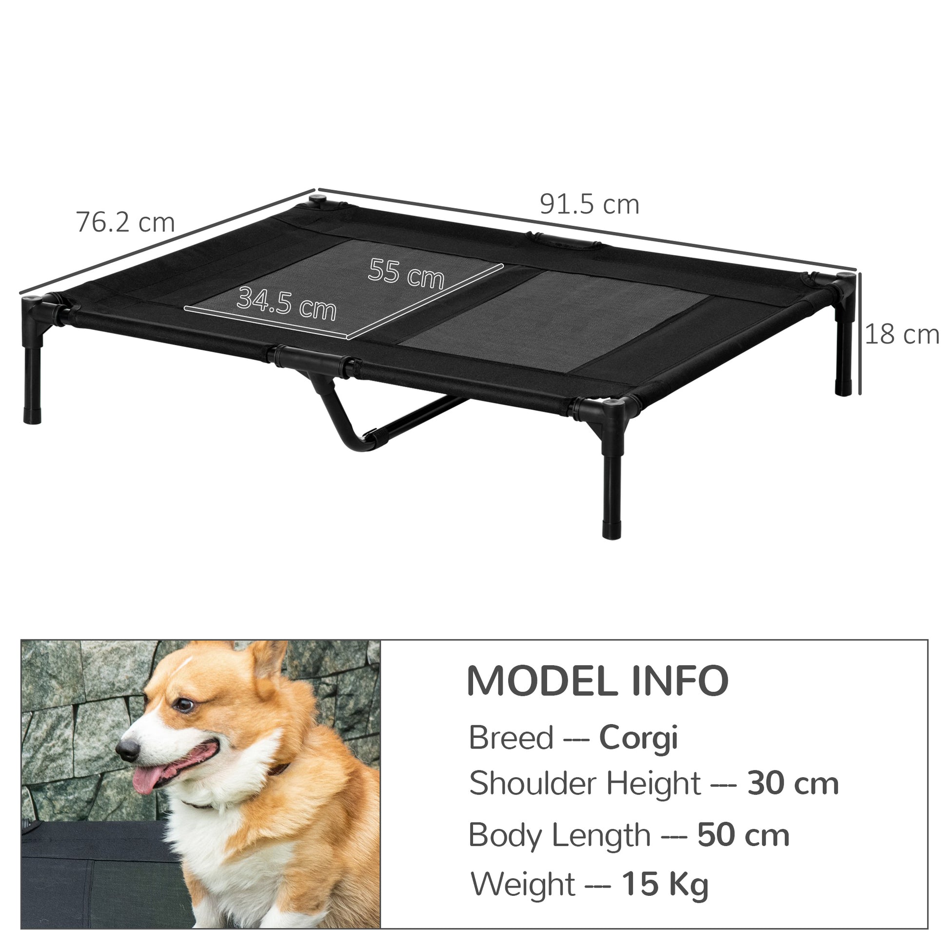 PawHut Large Raised Dog Bed Cat Elevated Lifted Cooling Portable Camping Basket Outdoor Indoor Mesh Pet Cot Metal Frame Black