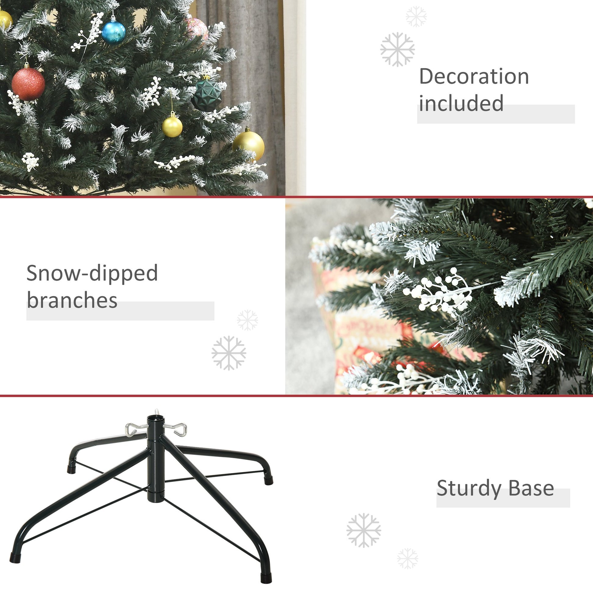 Homcom 6FT Artificial Snow-Dipped Christmas Tree Xmas Removable Stand with White Berries Star Topper Branch Green