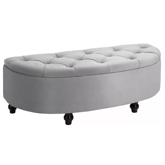 Semi-Circle Storage Ottoman Bench Tufted Upholstered Accent Seat Footrest Stool with Rubberwood Legs for Entryway & Bedroom, Grey-0