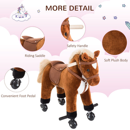 Homcom Wooden Action Pony Wheeled Walking Horse Riding Little Baby Plush Toy Wooden Style Ride on Animal Kids Gift w/Sound (Brown)