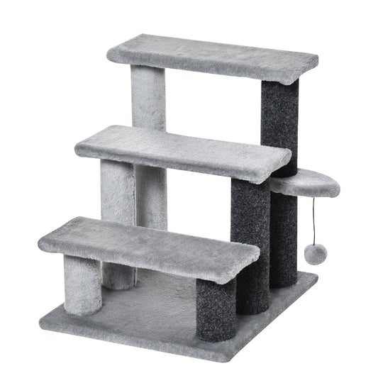 3-step Pet Stairs with Scratching Posts, Platforms, Toy Ball, Grey-0