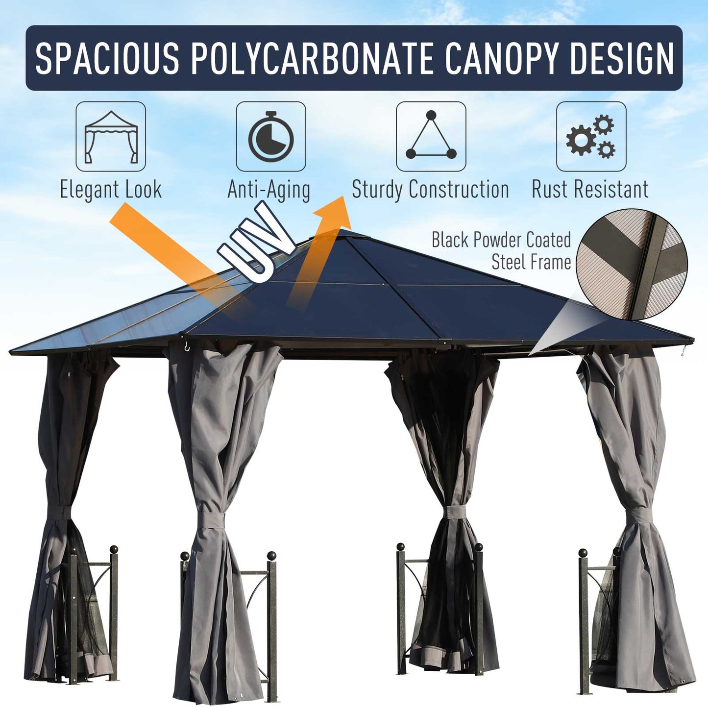 Outsunny 3 x 3(m) Hardtop Gazebo Canopy with Polycarbonate Roof