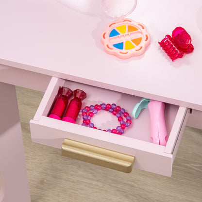 Homcom Kids Dressing Table Set With Mirror And Drawer - Pink