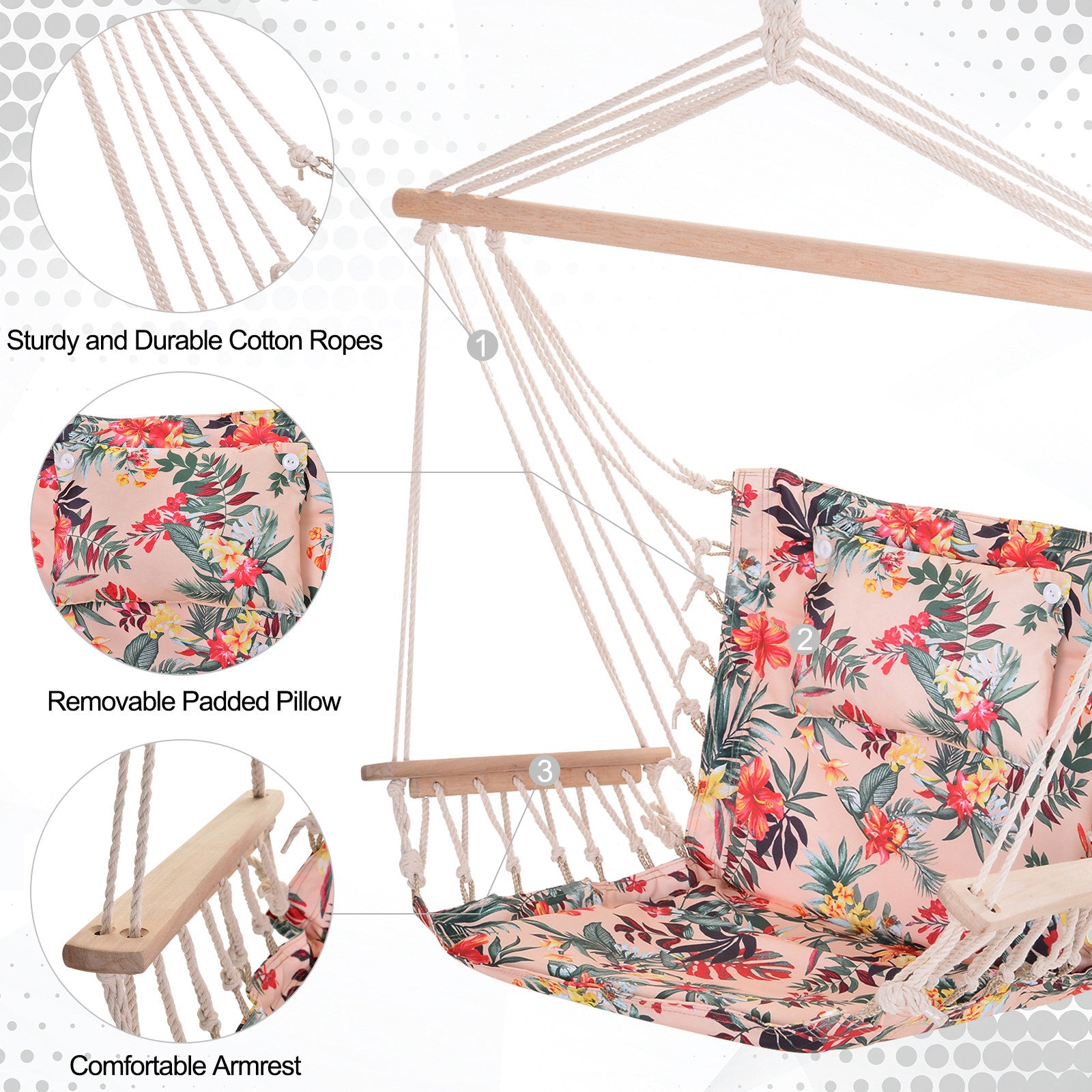 Outsunny 100x106cm Hanging Hammock Chair Safe Rope Frame Pillow Top Bar Bright Floral