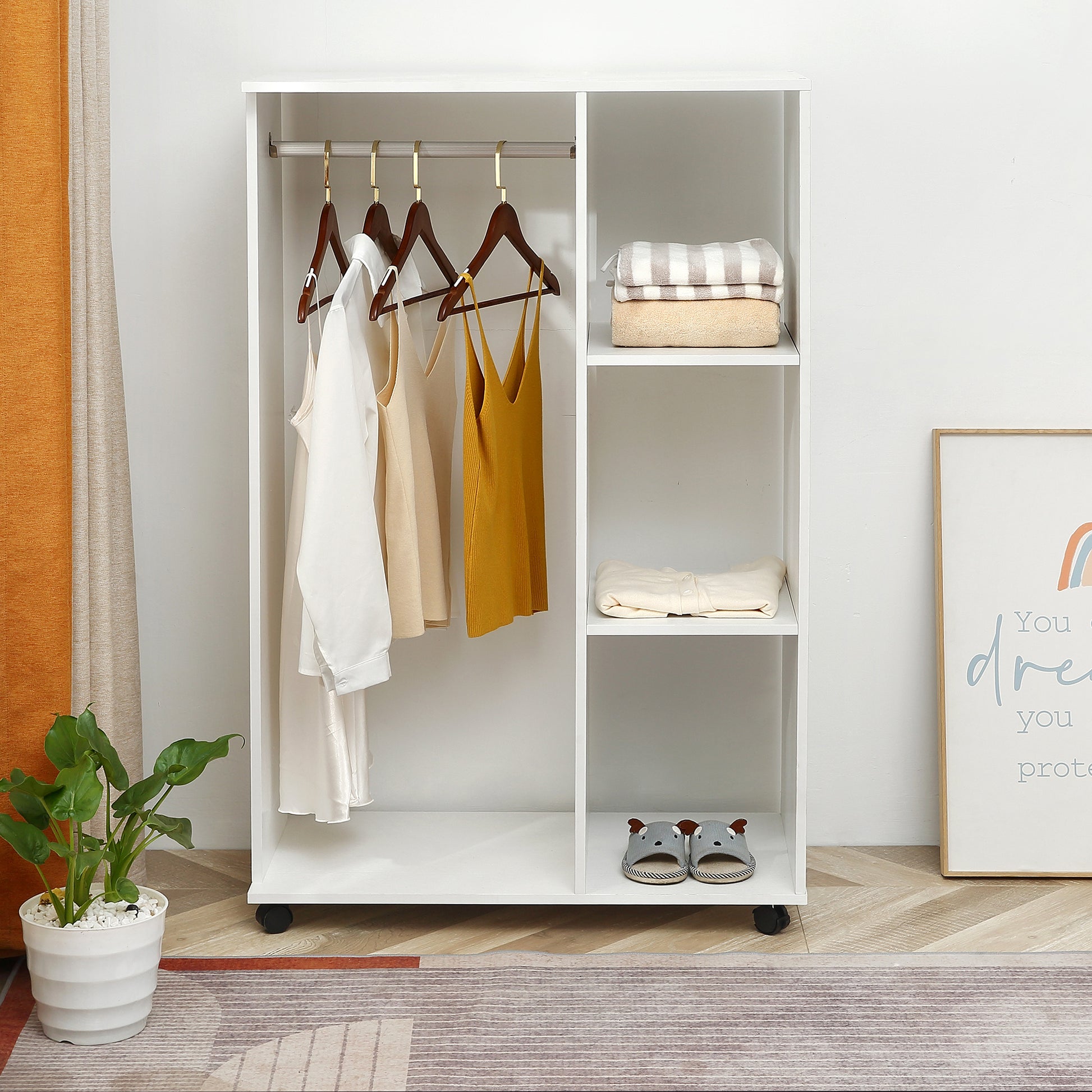 Homcom Open Wardrobe with Hanging Rail and Storage Shelves w/Wheels Bedroom-White