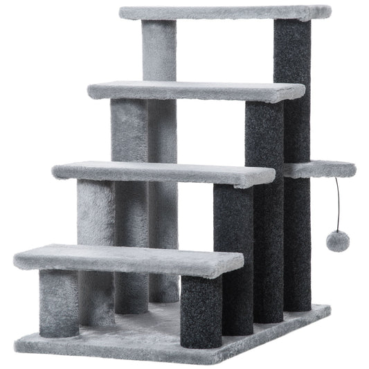 4-step Pet Stairs with Scratching Posts, Platforms, Toy Ball, Grey-0