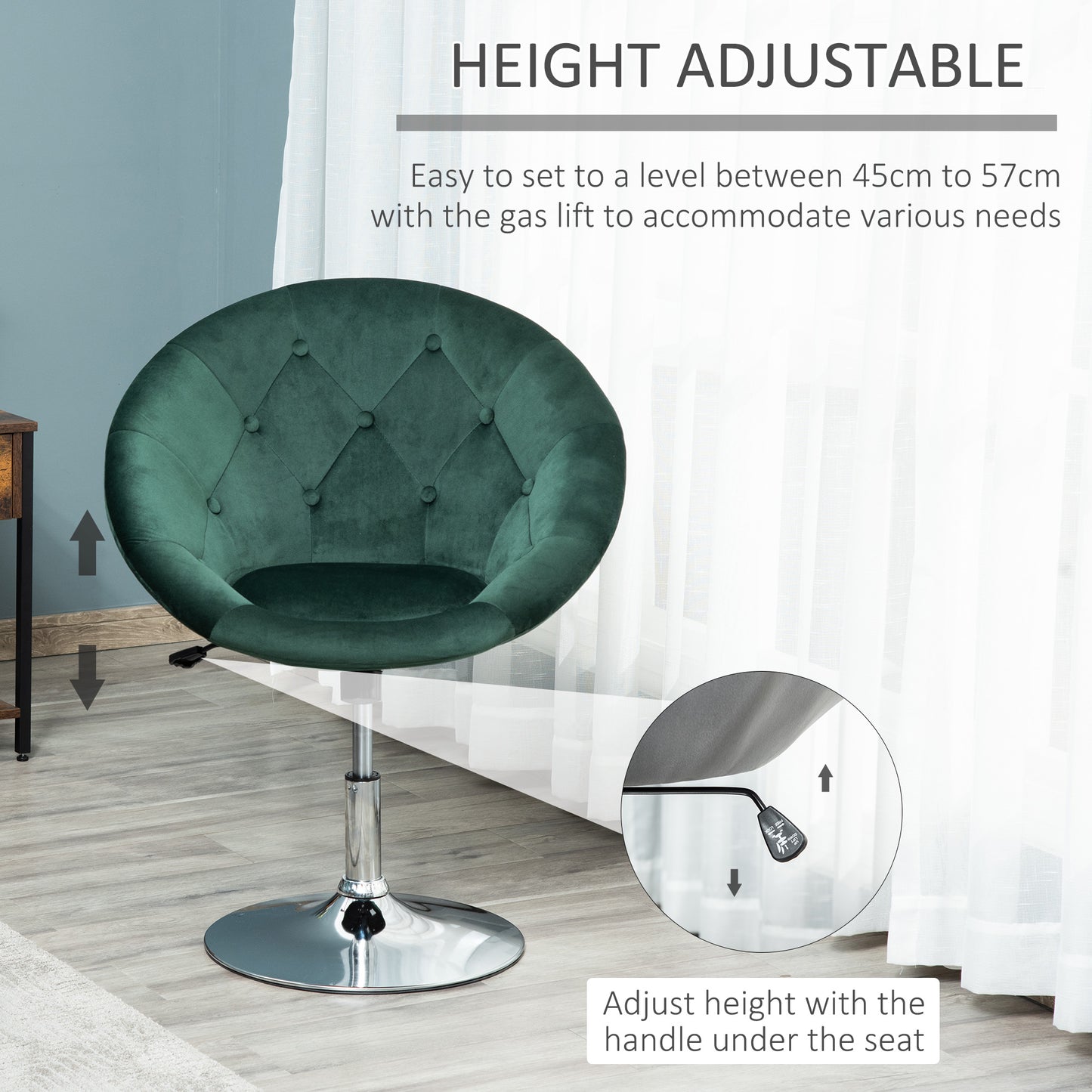 Homcom Modern Dining Height Bar Stool Velvet-Touch Tufted Fabric Adjustable Height Armless Tub Chair with Swivel Seat