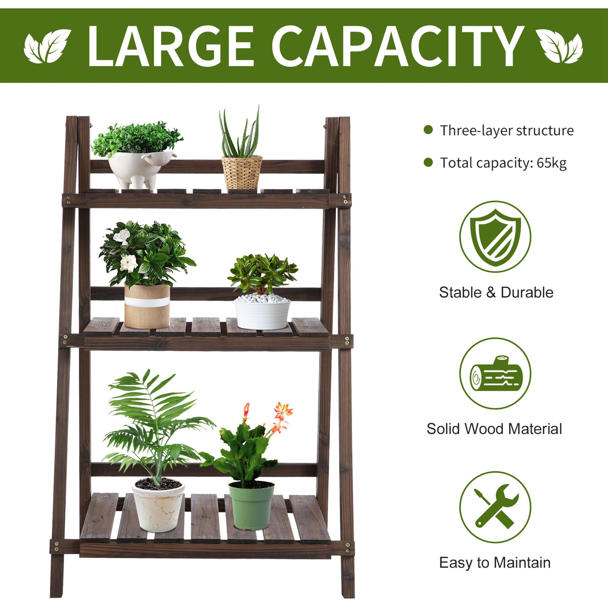 Outsunny 3-Tier Wooden Plant Shelf Foldable Plant Pots Holder Stand Indoor Outdoor 60L x 37W x 93H cm