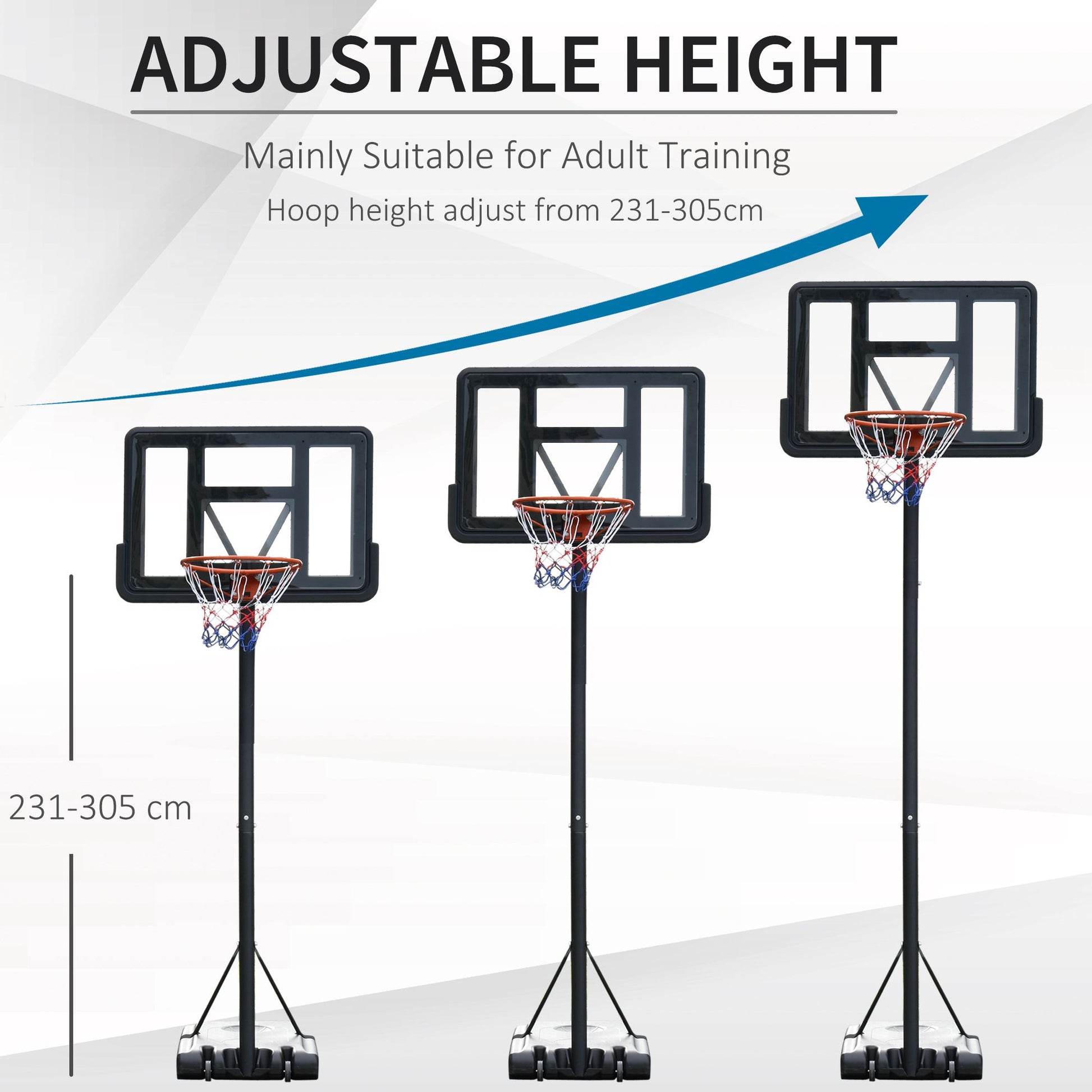 Homcom Portable Basketball Hoop Stand 231-305cm Height Adjustable w/ Moving Wheels