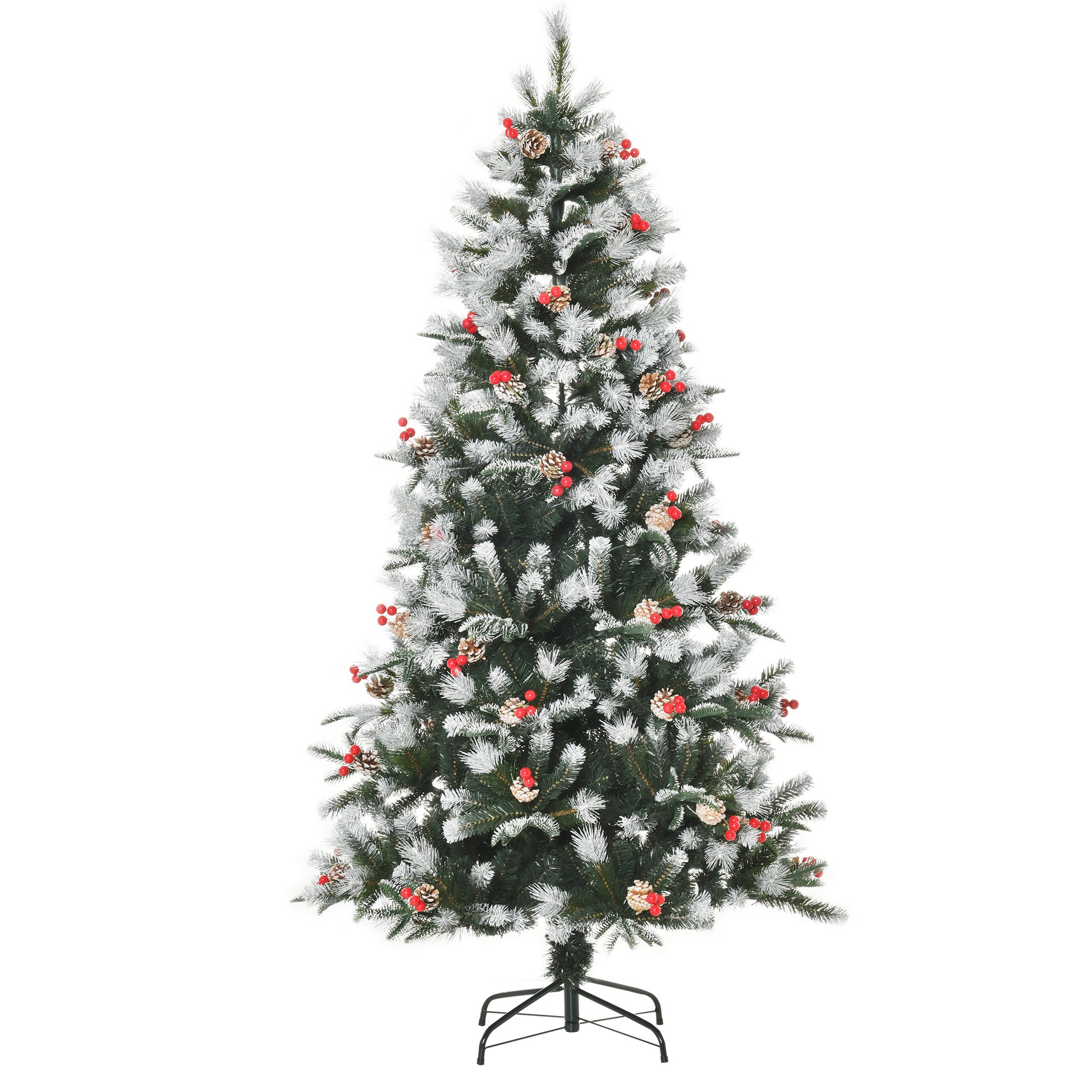 Homcom 6FT Artificial Snow Dipped Christmas Tree Xmas Pencil Tree with Foldable Feet Red Berries White Pinecones